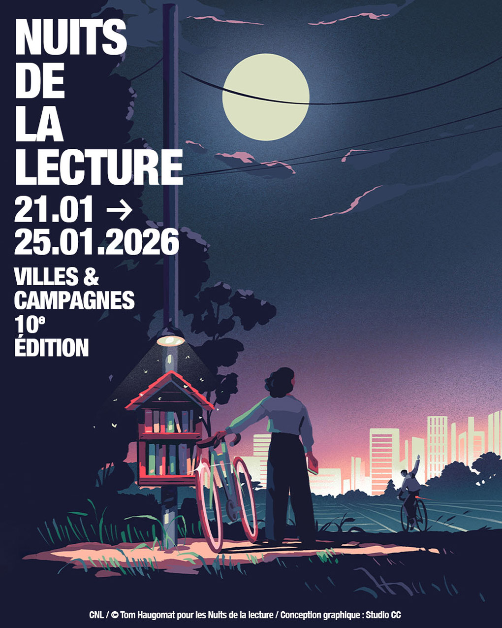 Nuits de la lecture - 21/01 au 25/01/2026 - Villes et Campagnes - 10e édition - CNL / ©Tom Haugomat pour les Nuits de la lecture / Conception graphique : Studio CC