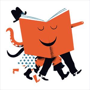 illustration de Thomas Baas - livre de couleur orange qui est ouvert avec les pieds de 3 personnages et un chapeau noir sur le livre